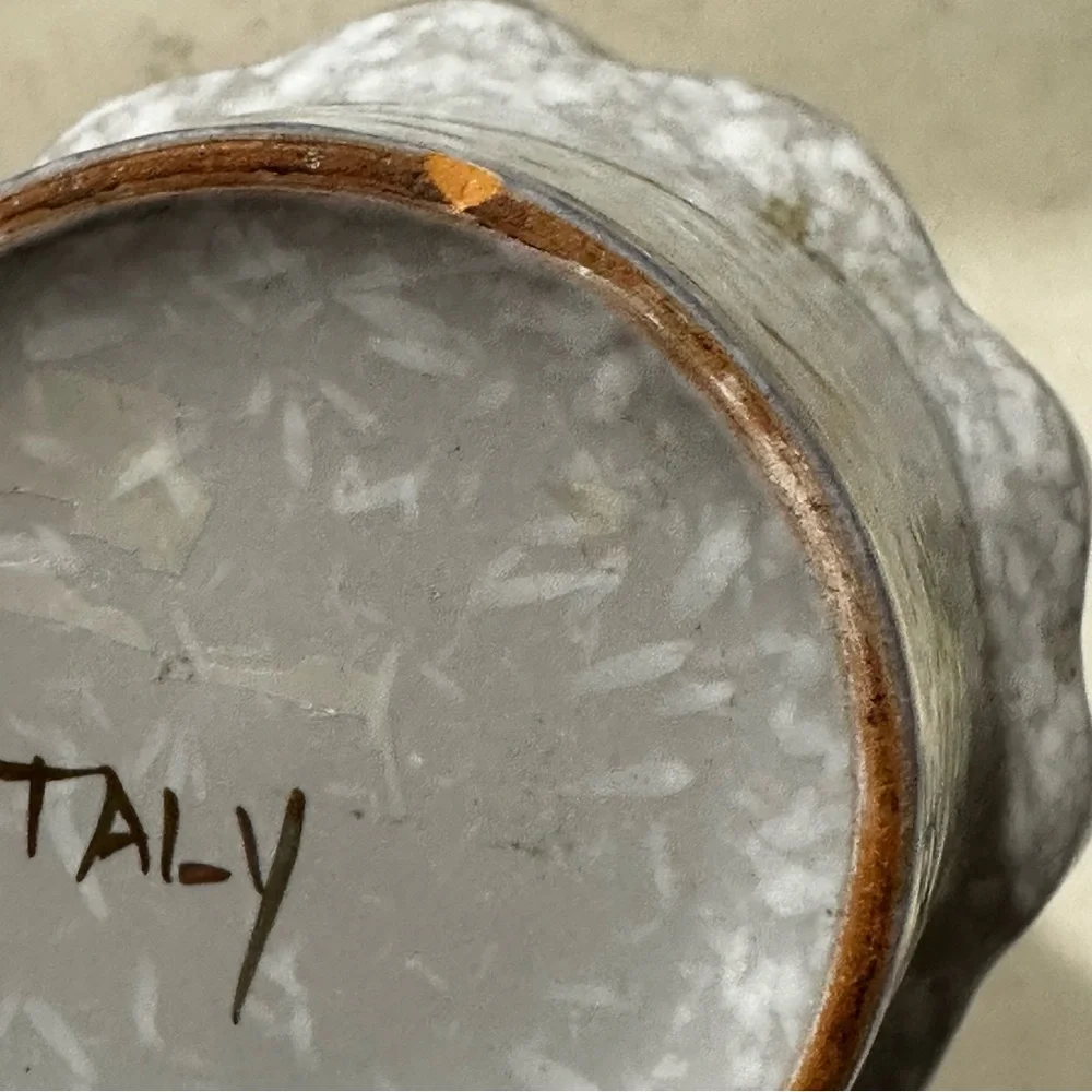 Vintage Italian Hand Painted Planter Marbled Blue Gold Rim Red Flower ITALY
